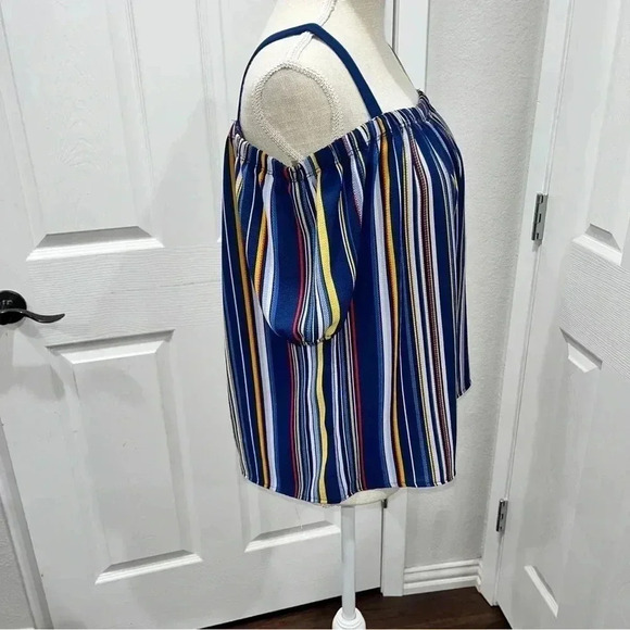 Chocolate Off shoulder thin strap button front blouse with puff sleeves ,striped - Picture 4 of 6